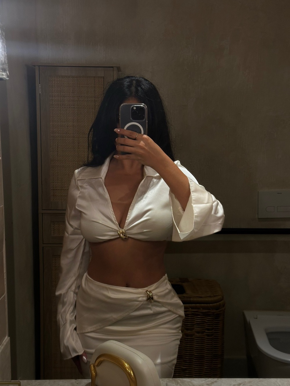 SHEIN White Satin Two-Piece Crop Top & Skirt with Gold Rings